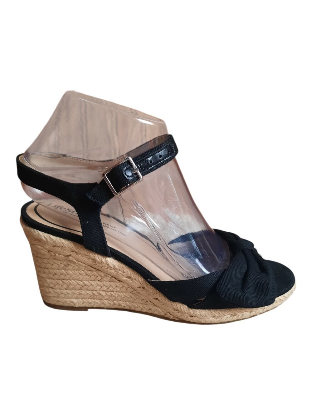🛍 UIB Life Stride Tahlia Black Canvas Ankle Strap Bow Espadrille Wedges Size 7